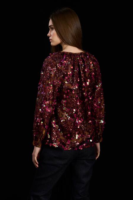 Shop Rara Avis Maroon Viscose Sequins V-neck Embroidered Full Sleeve Top at Aza Fashions Shop_Rara Avis_Maroon Viscose Sequins V-neck Embroidered Full Sleeve Top_at_Aza_Fashions