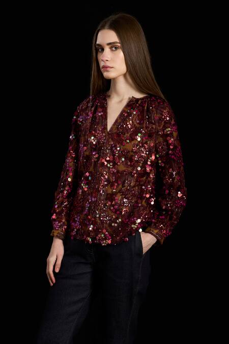 Rara Avis Maroon Viscose Sequins V-neck Embroidered Full Sleeve Top Online at Aza Fashions Rara Avis_Maroon Viscose Sequins V-neck Embroidered Full Sleeve Top_Online_at_Aza_Fashions