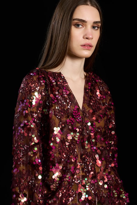 Buy Rara Avis Maroon Viscose Sequins V-neck Embroidered Full Sleeve Top Online at Aza Fashions Buy_Rara Avis_Maroon Viscose Sequins V-neck Embroidered Full Sleeve Top_Online_at_Aza_Fashions