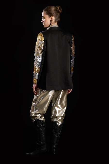 Shop_Rara Avis_Silver Polyester Solid Metallic Pleated Pant _at_Aza_Fashions