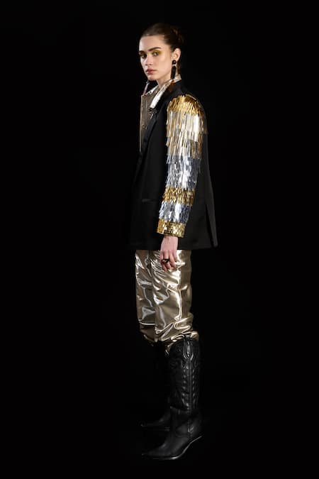 Buy_Rara Avis_Silver Polyester Solid Metallic Pleated Pant _Online_at_Aza_Fashions