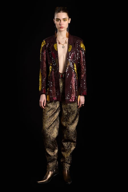 Rara Avis_Multi Color Polyester Hand Embroidered Dabka Lapel Blazer _Online_at_Aza_Fashions