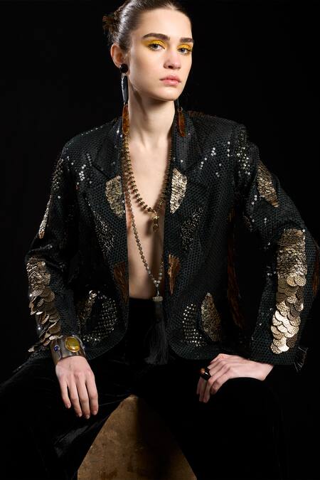 Shop_Rara Avis_Green Polyester Hand Embroidered Dabka Lapel Blazer _Online_at_Aza_Fashions