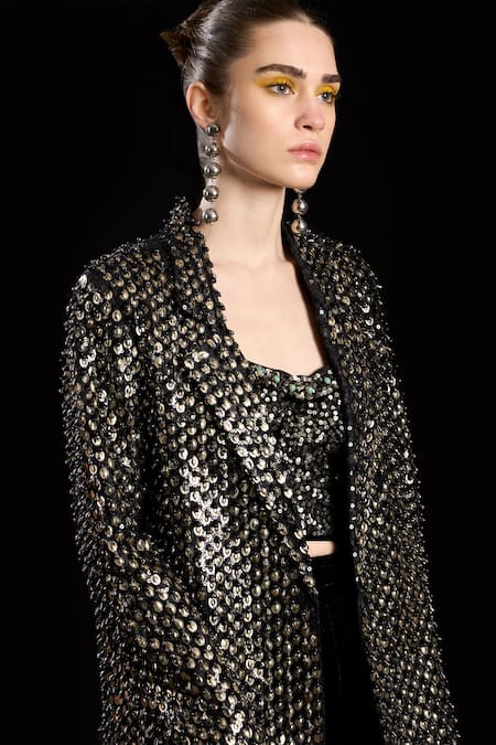 Buy_Rara Avis_Black Polyester Hand Embroidered Sequins Lapel Blazer _Online_at_Aza_Fashions