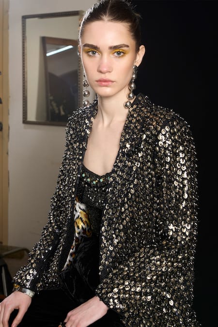 Shop_Rara Avis_Black Polyester Hand Embroidered Sequins Lapel Blazer _Online_at_Aza_Fashions