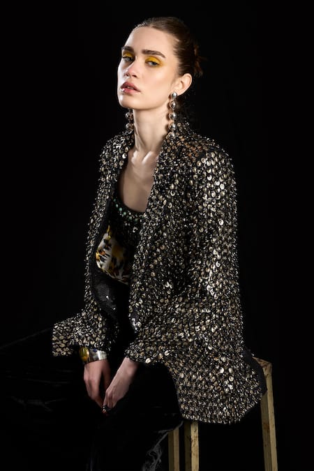 Rara Avis_Black Polyester Hand Embroidered Sequins Lapel Blazer _at_Aza_Fashions