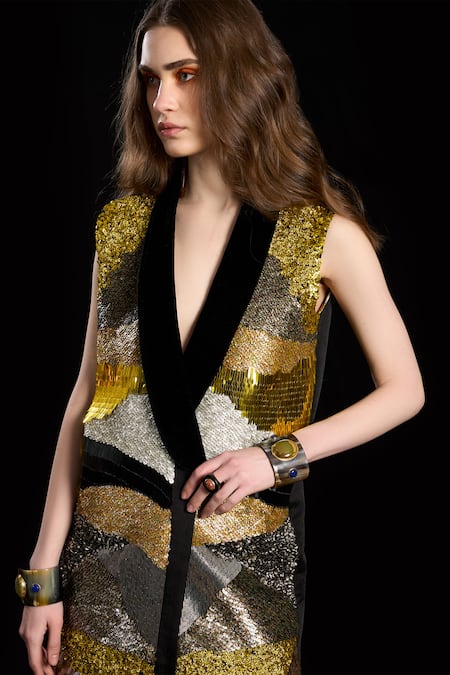 Buy_Rara Avis_Black Linen Satin Hand Embroidered Dabka Lapel The Night Traveller Blazer Dress _Online_at_Aza_Fashions