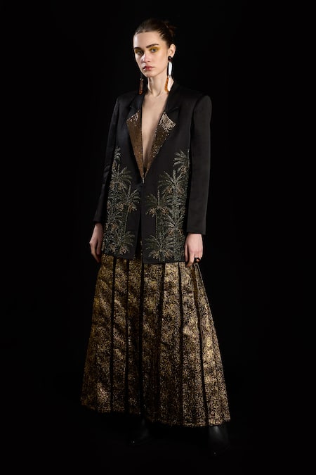 Rara Avis_Black Linen Satin Hand Embroidered Palm Trees Lapel The Oasis Blazer _Online_at_Aza_Fashions