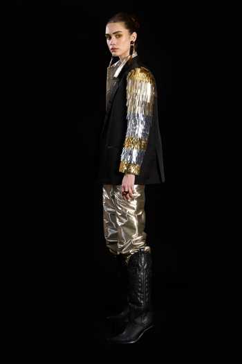 Rara Avis_Black Linen, Satin Embroidery The Royal Sleeve Hand Blazer_Online_at_Aza_Fashions