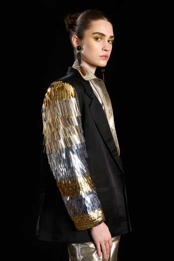 Buy_Rara Avis_Black Linen, Satin Embroidery The Royal Sleeve Hand Blazer_Online_at_Aza_Fashions