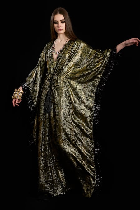 Rara Avis_Black Viscose, Lurex Lace, Tassels V-neck The Silk Route Drawstring Kaftan _Online_at_Aza_Fashions