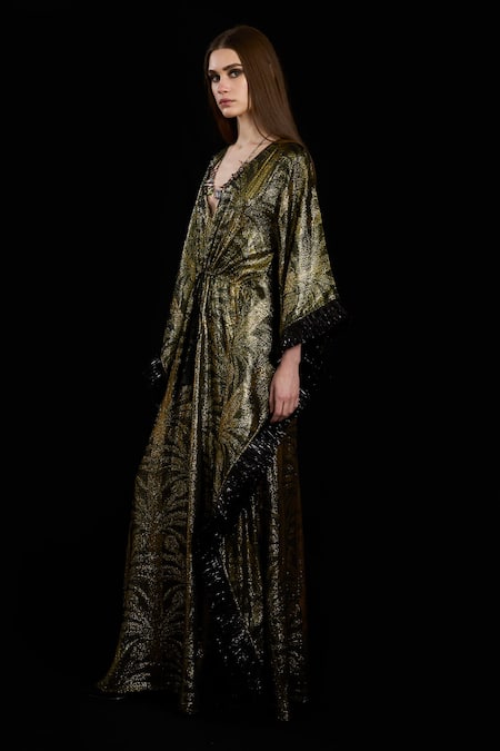 Buy_Rara Avis_Black Viscose, Lurex Lace, Tassels V-neck The Silk Route Drawstring Kaftan _Online_at_Aza_Fashions