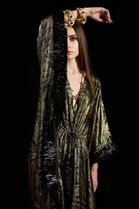 Shop_Rara Avis_Black Viscose, Lurex Lace, Tassels V-neck The Silk Route Drawstring Kaftan _Online_at_Aza_Fashions