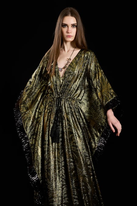 Rara Avis_Black Viscose, Lurex Lace, Tassels V-neck The Silk Route Drawstring Kaftan _at_Aza_Fashions