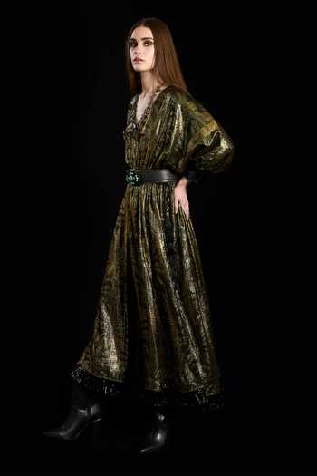 Rara Avis_Black Viscose, Lurex V-neck Woven Palm Tree Kaftan _Online_at_Aza_Fashions
