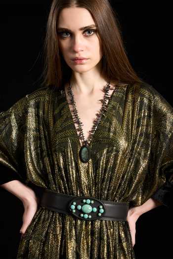 Buy_Rara Avis_Black Viscose, Lurex V-neck Woven Palm Tree Kaftan _Online_at_Aza_Fashions