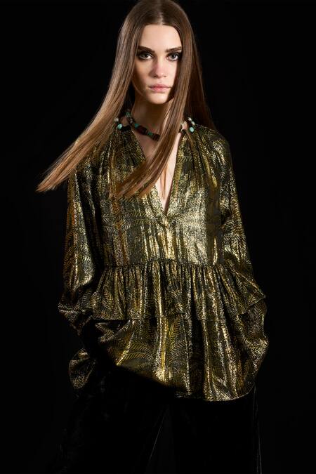 Rara Avis Black Viscose Lurex Woven Palm Trees V-neck Tiered Top Online at Aza Fashions Rara Avis_Black Viscose Lurex Woven Palm Trees V-neck Tiered Top _Online_at_Aza_Fashions