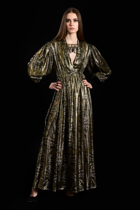 Rara Avis Woven Palm Tree Slit Dress 