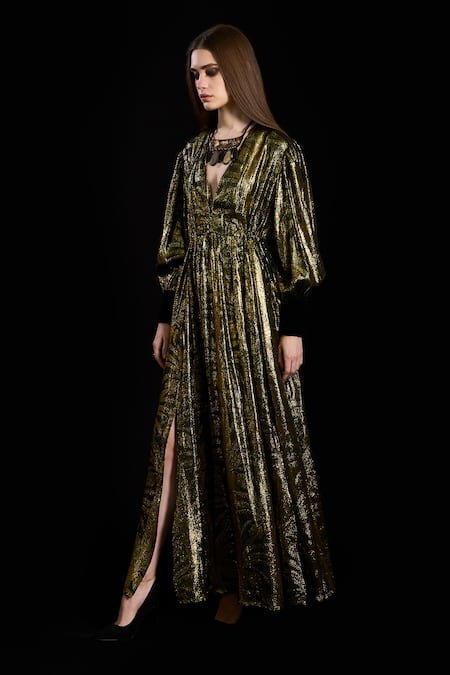 Rara Avis Black Viscose Lurex Woven Palm Trees V-neck Slit Dress Online at Aza Fashions Rara Avis_Black Viscose Lurex Woven Palm Trees V-neck Slit Dress _Online_at_Aza_Fashions