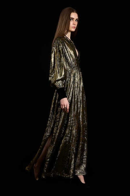 Buy Rara Avis Black Viscose Lurex Woven Palm Trees V-neck Slit Dress Online at Aza Fashions Buy_Rara Avis_Black Viscose Lurex Woven Palm Trees V-neck Slit Dress _Online_at_Aza_Fashions