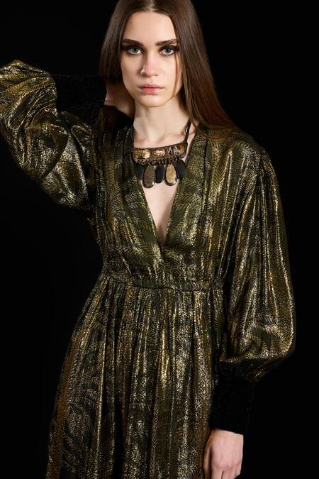 Shop Rara Avis Black Viscose Lurex Woven Palm Trees V-neck Slit Dress Online at Aza Fashions Shop_Rara Avis_Black Viscose Lurex Woven Palm Trees V-neck Slit Dress _Online_at_Aza_Fashions