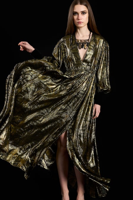 Rara Avis Black Viscose Lurex Woven Palm Trees V-neck Slit Dress at Aza Fashions Rara Avis_Black Viscose Lurex Woven Palm Trees V-neck Slit Dress _at_Aza_Fashions