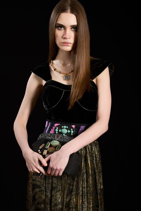 Rara Avis_Black Viscose Lurex Woven Palm Trees Sweetheart Bralet Dress _Online_at_Aza_Fashions