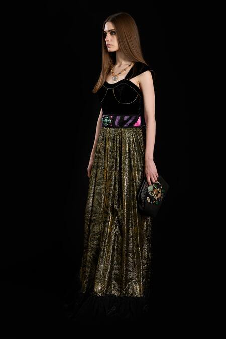 Buy_Rara Avis_Black Viscose Lurex Woven Palm Trees Sweetheart Bralet Dress _Online_at_Aza_Fashions