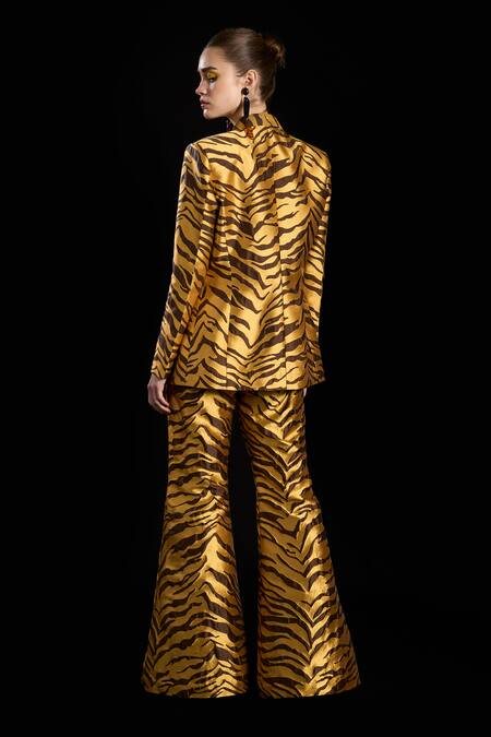 Shop_Rara Avis_Gold Polyester Woven The Sand Dunes Flared Pant _at_Aza_Fashions
