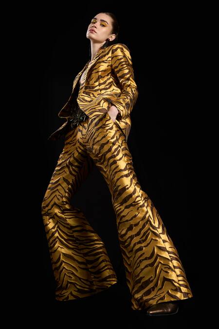 Shop_Rara Avis_Gold Polyester Woven The Sand Dunes Flared Pant _Online_at_Aza_Fashions