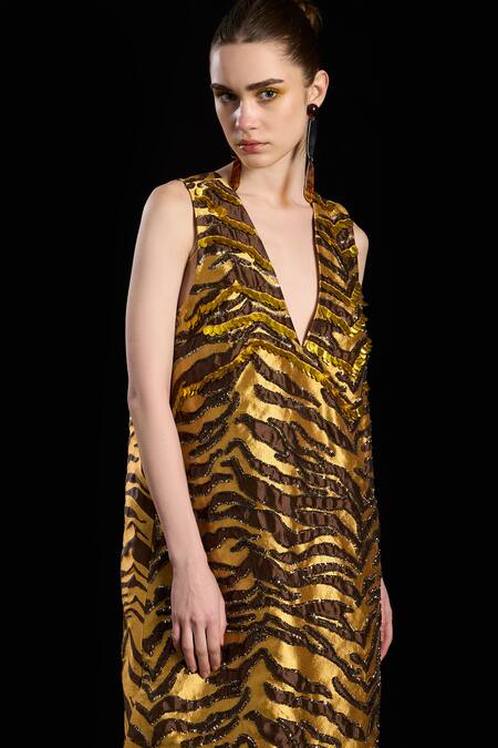Buy_Rara Avis_Gold Polyester Woven Sequins V-neck The Sand Dunes A-line Dress _Online_at_Aza_Fashions