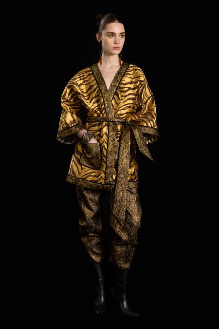 Rara Avis_Gold Polyester Woven Front Open Kimono Jacket With Belt _Online_at_Aza_Fashions