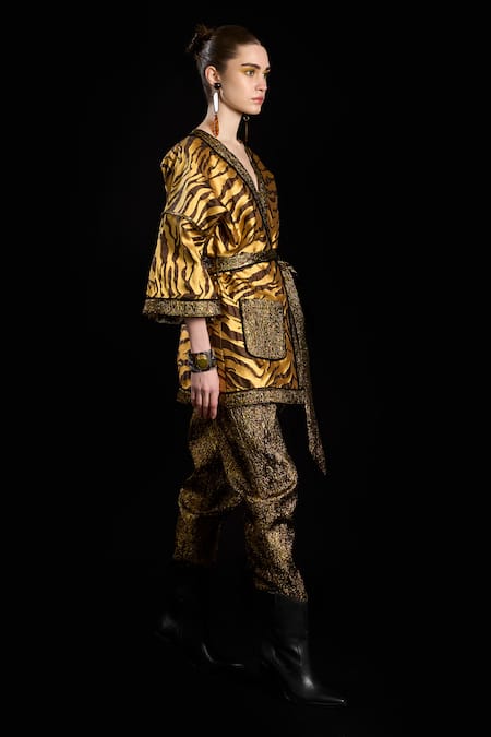 Buy_Rara Avis_Gold Polyester Woven Front Open Kimono Jacket With Belt _Online_at_Aza_Fashions