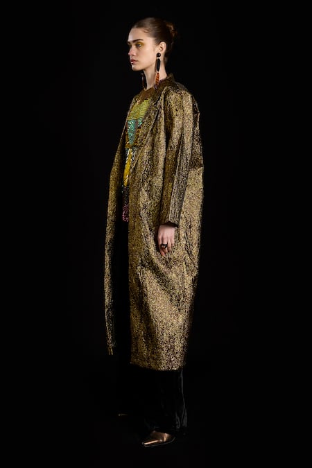Rara Avis_Gold Polyester Woven Lapel The Sand Overlay Jacket _Online_at_Aza_Fashions