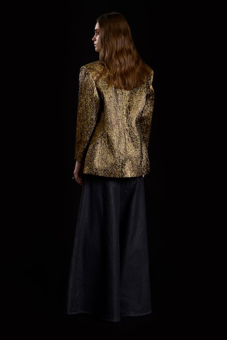 Shop_Rara Avis_Gold Polyester Woven Lapel Jacquard Detailed Sand Top _at_Aza_Fashions