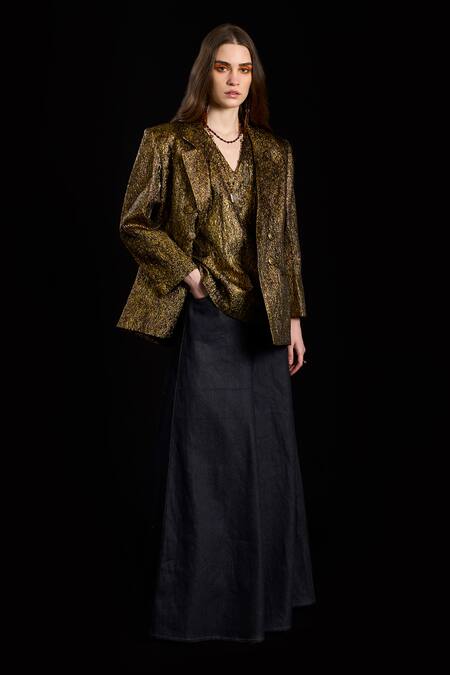 Rara Avis_Gold Polyester Woven Lapel Jacquard Detailed Sand Top _Online_at_Aza_Fashions