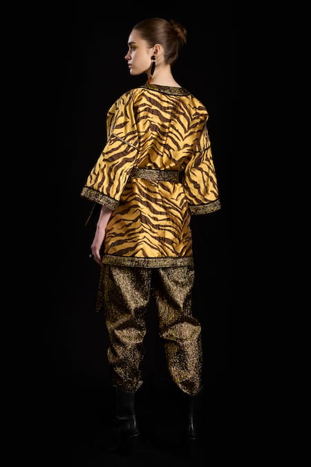 Shop_Rara Avis_Gold Polyester Woven The Sand Pleated Trouser _at_Aza_Fashions