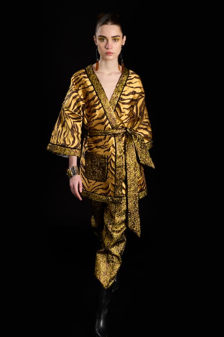Buy_Rara Avis_Gold Polyester Woven The Sand Pleated Trouser _Online_at_Aza_Fashions