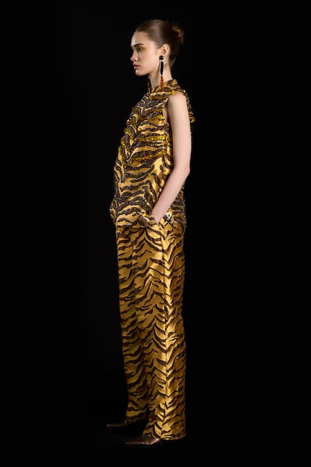 Buy_Rara Avis_Gold Polyester Sand Dunes Woven Jacquard Pant _Online_at_Aza_Fashions