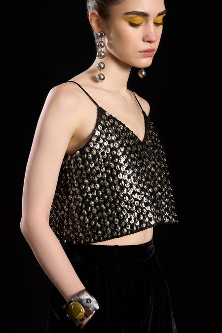 Buy Rara Avis Black Viscose Embroidered Dabka V Neck The Treasured Metallic Crop Top Online at Aza Fashions Buy_Rara Avis_Black Viscose Embroidered Dabka V Neck The Treasured Metallic Crop Top _Online_at_Aza_Fashions