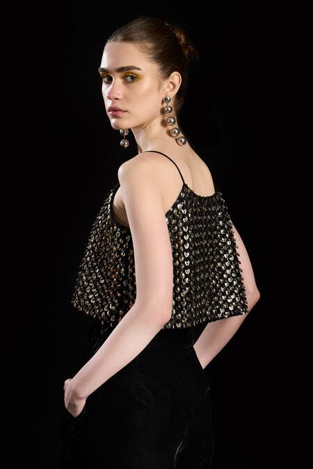 Shop Rara Avis Black Viscose Embroidered Dabka V Neck The Treasured Metallic Crop Top Online at Aza Fashions Shop_Rara Avis_Black Viscose Embroidered Dabka V Neck The Treasured Metallic Crop Top _Online_at_Aza_Fashions