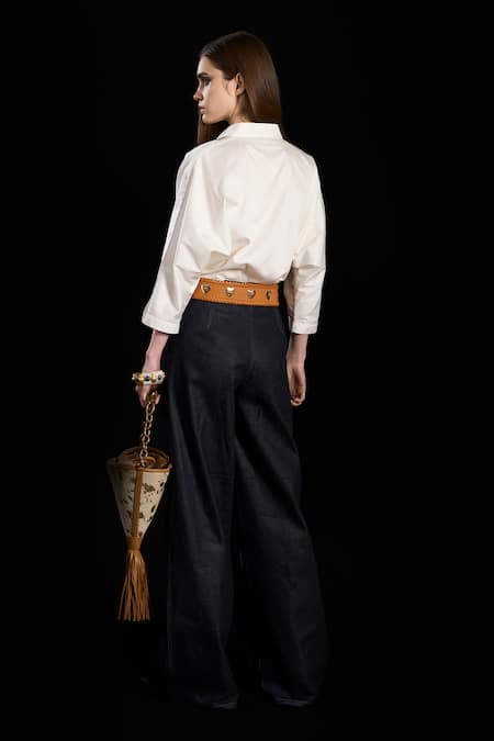 Shop Rara Avis White Cotton Embroidered Collared Metallic Yoke Shirt at Aza Fashions Shop_Rara Avis_White Cotton Embroidered Collared Metallic Yoke Shirt _at_Aza_Fashions