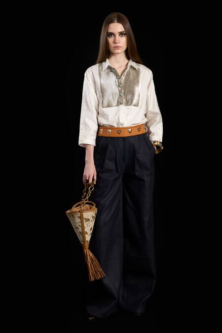 Rara Avis White Cotton Embroidered Collared Metallic Yoke Shirt Online at Aza Fashions Rara Avis_White Cotton Embroidered Collared Metallic Yoke Shirt _Online_at_Aza_Fashions