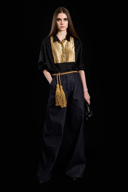 Rara Avis Metallic Yoke Embroidered Button Down Shirt 