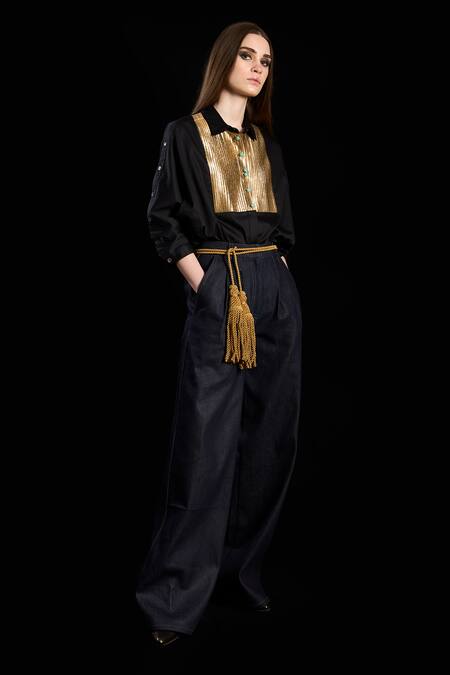 Rara Avis Black Cotton Embroidered Collared Metallic Yoke Button Down Shirt Online at Aza Fashions Rara Avis_Black Cotton Embroidered Collared Metallic Yoke Button Down Shirt _Online_at_Aza_Fashions