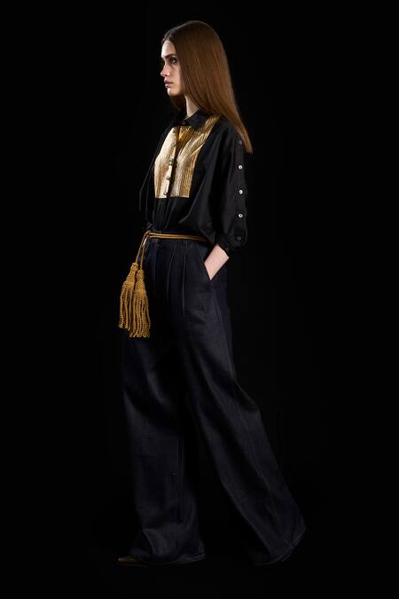 Buy Rara Avis Black Cotton Embroidered Collared Metallic Yoke Button Down Shirt Online at Aza Fashions Buy_Rara Avis_Black Cotton Embroidered Collared Metallic Yoke Button Down Shirt _Online_at_Aza_Fashions