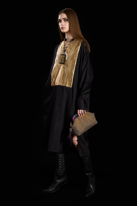 Rara Avis_Black Cotton Embroidery Mandarin Collar Oversized Pleated Metallic Yoke Dress _Online_at_Aza_Fashions