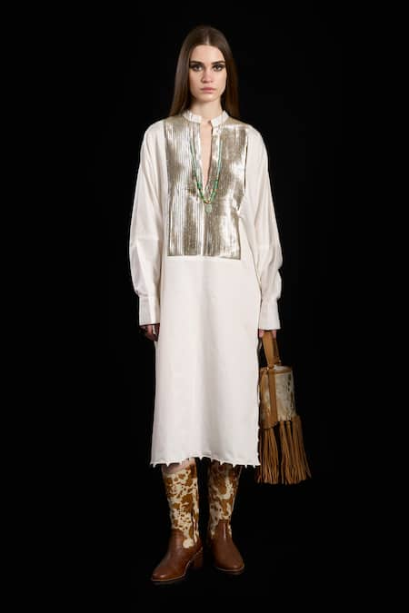 Rara Avis White Cotton Embroidered Mandarin Collar Pleated Metallic Yoke Dress 