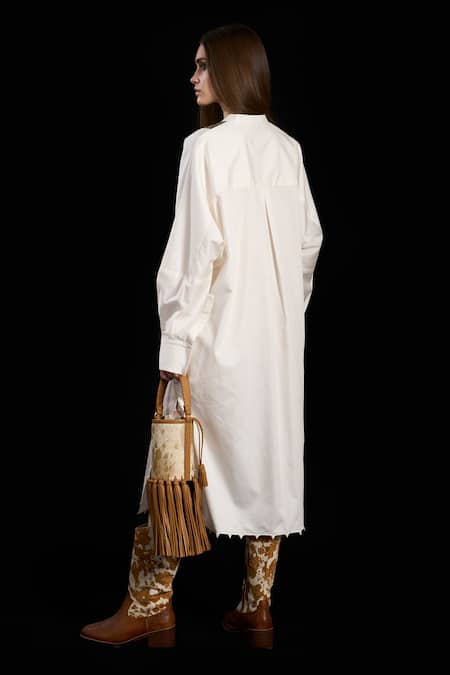 Shop_Rara Avis_White Cotton Embroidery Mandarin Collar Pleated Metallic Yoke Dress _at_Aza_Fashions