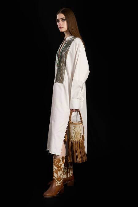 Rara Avis_White Cotton Embroidery Mandarin Collar Pleated Metallic Yoke Dress _Online_at_Aza_Fashions